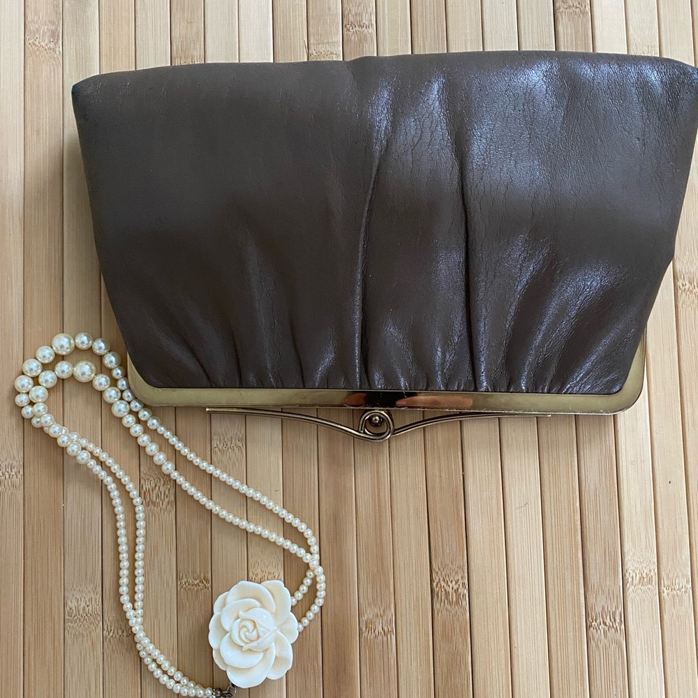 Donated Vintage light brown-taupe leather clutch /chain